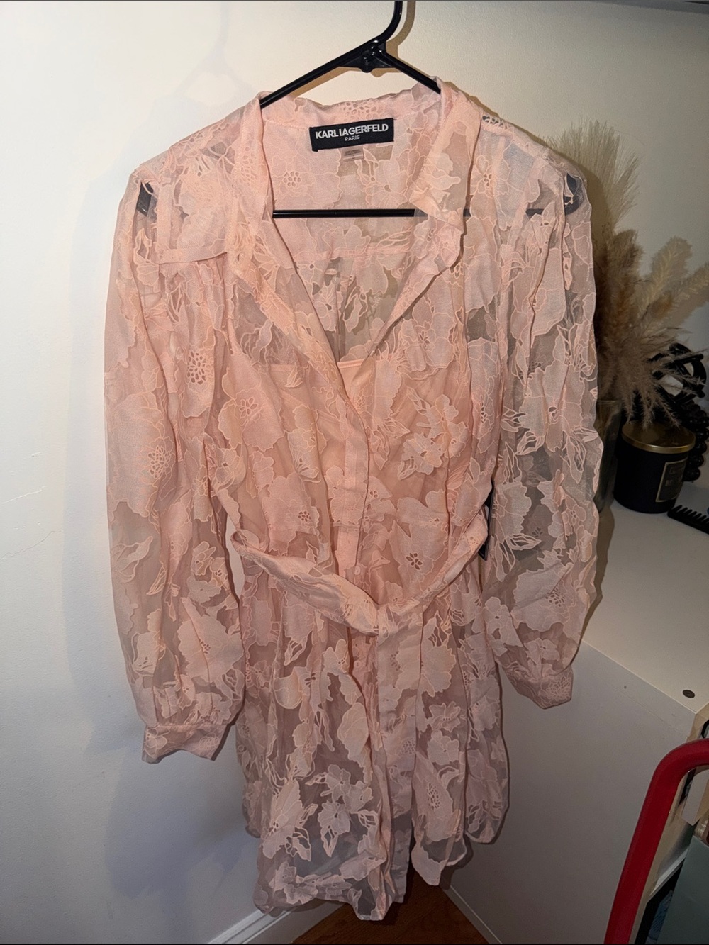 Karl Lagerfeld Pale Pink Sheer Lace Tunic with Tie Waist